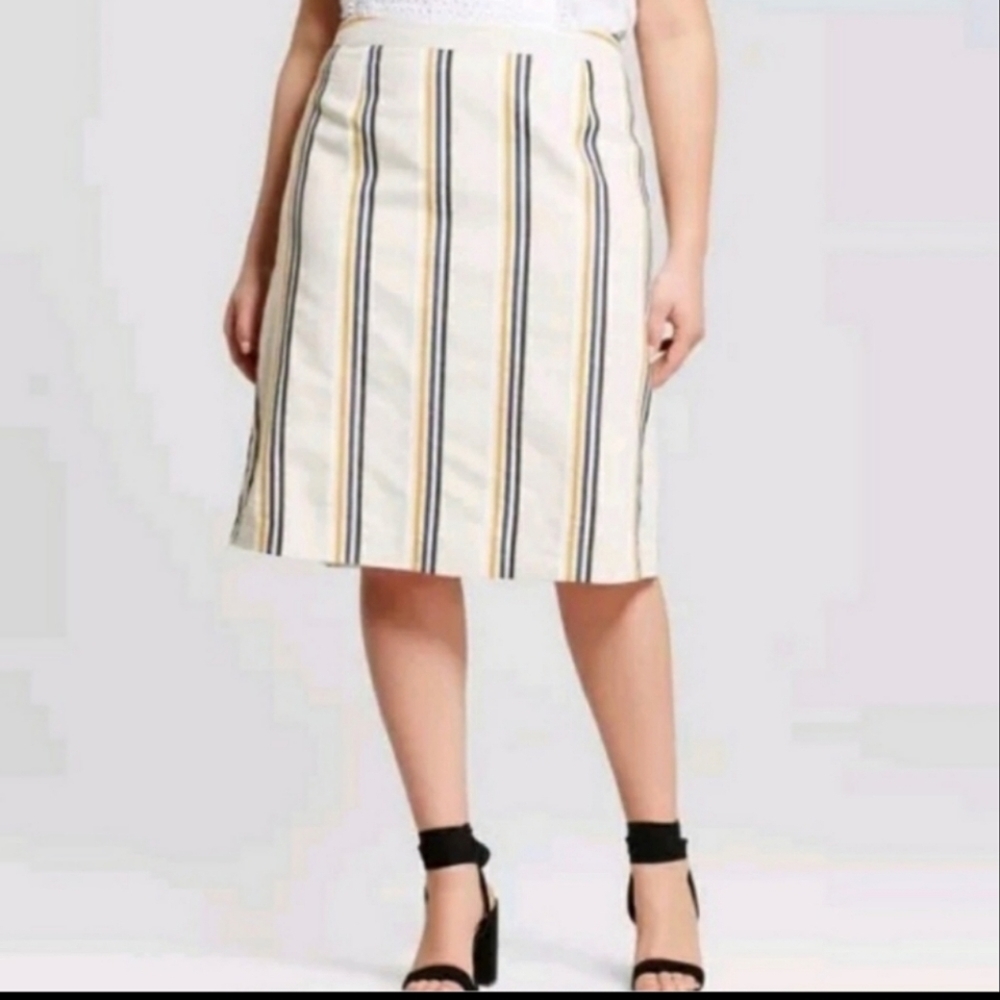 Who What Wear Skirt Cotton Linen Striped Back Pleats   Size 16